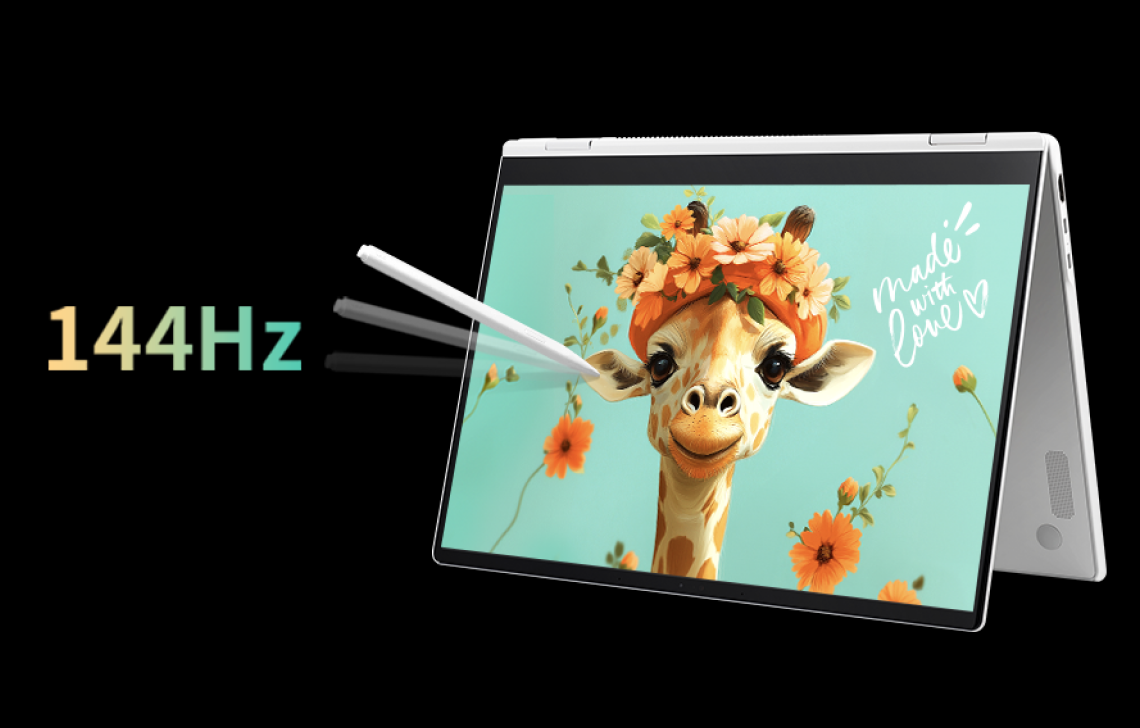 그램 Pro 360 전용 스타일러스 펜으로 144Hz 고주사율 LCD 프로 다이내믹 디스플레이에 그림을 그리는 장면입니다.