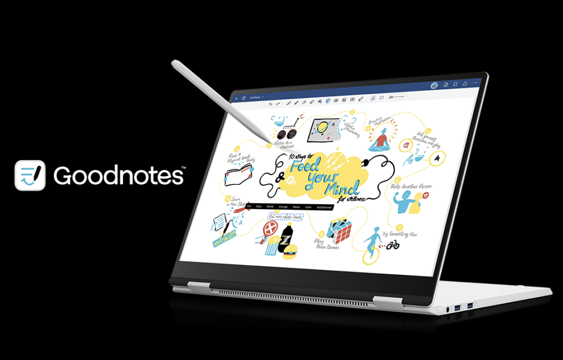 흰색 노트북 화면에 스타일러스 펜으로 그림을 그리는 모습입니다. 화면에는 GoodNotes 앱 로고와 손글씨 메모, 그림 등이 가득하며, 3개월 무료 체험 이벤트를 알리는 문구가 표시되어 있습니다.