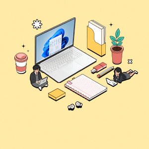 노트북과 책, 커피, 식물, 필기구가 놓인 책상 위에 두 사람이 공부하는 모습이 그림으로 표현되어 있습니다.