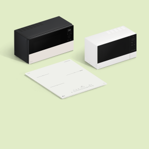 연두색 배경 위에 블랙 광파오븐, 화이트 전자레인지, 화이트 인덕션이 함께 배치된 주방가전 제품 이미지